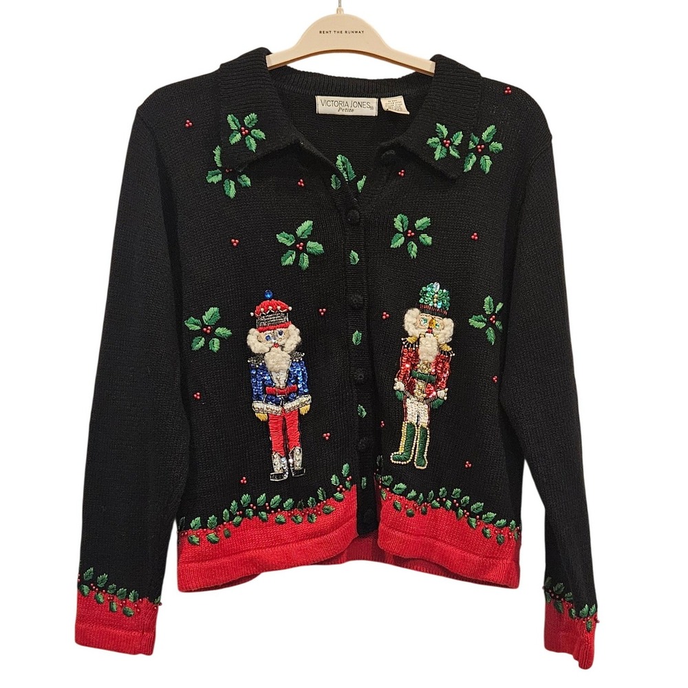 Victoria Jones Petite Nutcracker Christmas Cardigan Sweater Vintage Ugly PM